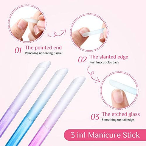 6 Pieces Glass Cuticle Pusher Glass Cuticle Stick Set Double Sided Crystal Glass Nail Files Manicure Pedicure Precision Filing Cuticle Remover (Pink, Blue, Purple)