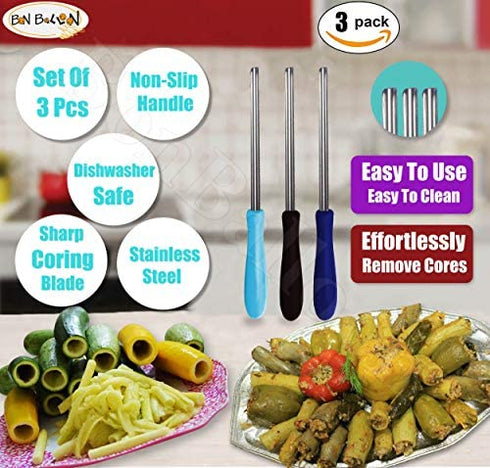 Zucchini Squash Vegetable Corer 3 pcs Corers Stainless Steel Core Remover Tool Kitchen Stuffed Vegetables Veggies Seed Remover Remove Seeds Eggplant Cucumber 10" Long Coring Tools Gadgets Drill