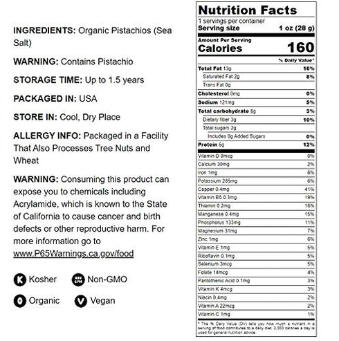 Organic Pistachios, 8 Ounces - In Shell, Dry Roasted with Sea Salt, Non-GMO, Kosher, Vegan, Bulk