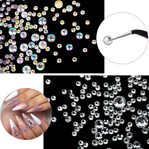 Canvalite 1500PCS Rhinestones in 6 Sizes Flat Back Gems, Crystal AB Rhinestones Nail Art Gems with Pick Up Tweezers and Rhinestone Picker Dotting Pen, Nail Art Tools for Nails, Clothes, Face, Craft