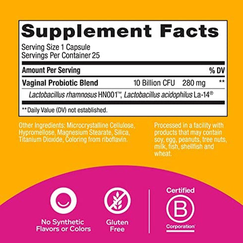 OLLY Happy Hoo-Ha Capsules, Probiotic for Women, Vaginal Health and pH Balance, 10 Billion CFU, Gluten Free - 25 Count