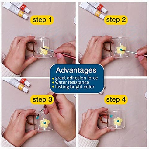 COLORFUL Stain Glass Paint Kit with 12 Colors, 3 Nylon Brushes, 1 Palette, Waterproof Acrylic Enamel Painting Set to Create Translucent Arts on Transparent Wine Glasses, Porcelain, Window and Ceramics