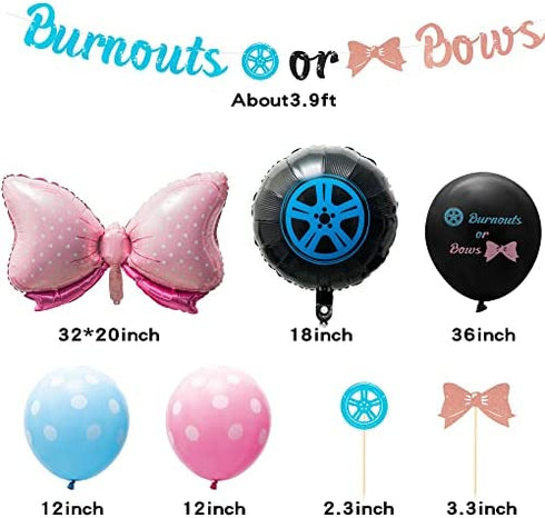 A1diee Bows Burnouts Gender Reveal Decorations Kit 36In Gender Reveal Balloon Burnouts Pink Bow Foil Balloons Banner Cupcake Topper Blue Pink Latex Balloons for Baby Shower Party Supplies, 33Pcs