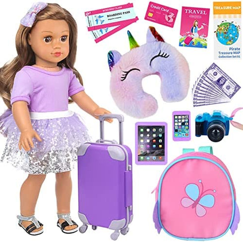 K.T. Fancy 23 pcs 18 Doll Accessories Suitcase Travel Luggage Play Set for 18 Inch Doll Travel Carrier, Sunglasses Camera Computer Phone Pad Travel Pillow Passport Tickets Cashes