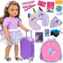 K.T. Fancy 23 pcs 18 Doll Accessories Suitcase Travel Luggage Play Set for 18 Inch Doll Travel Carrier, Sunglasses Camera Computer Phone Pad Travel Pillow Passport Tickets Cashes