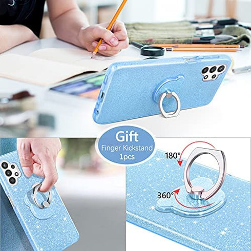 GUAGUA Compatible with Samsung Galaxy A32 Case 5G Glitter Sparkle Bling Shiny Hybrid Cover for Girls Women with Extra Finger Ring Kickstand Shockproof Protective Phone Case for Samsung A32 Blue