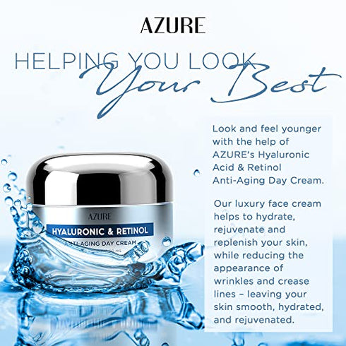 AZURE Hyaluronic Acid & Retinol Anti Aging Day Cream - Rejuvenating & Hydrating Face Moisturizer - Reduces Wrinkles & Fine Lines - Evens Skin Tones & Dark Spots - Skin Care Made in Korea - 50mL / 1.69 fl.oz.
