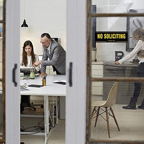 (2 Pack) No Soliciting Sign for House, Metal Self-Adhesive No Soliciting Sign for Door, 7.5" x 2.5" No Soliciting Signs for Business, No Solicitation Signs for Home Office Gate Window, Indoor Outdoor Use Weather Resistant No Fade Rust Free