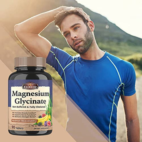 Elixeed Magnesium Glycinate, 300 mg of Elemental Magnesium, Chelated & Non-Buffered, Maximum Bioavailability, for Muscle, Bone & Nerve Health, Promotes Relaxation, 90 Tablets, Non-GMO & No Gluten
