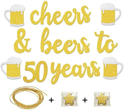 50th Birthday Decorations for Men / Women - 50th Birthday Gifts - Cheers & Beers to 50 Years Gold Glitter Banner - 50th Anniversary Decorations for Party, 50th Wedding Party Supplies for Couple
