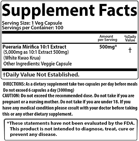 100 Caps White Pueraria Mirifica Powder Pure Root 100% 10:1 Breast Augmentation 2000mg Daily From Thailand