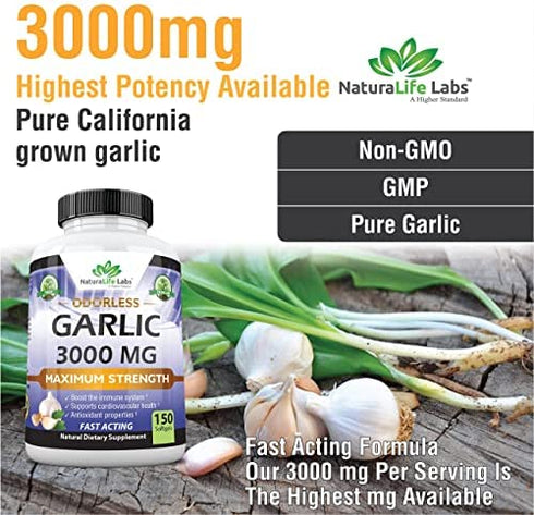 Odorless Pure Garlic 3000 mg per Serving Maximum Strength 150 Soft gels Promotes Healthy Cholesterol Levels Immune System Support