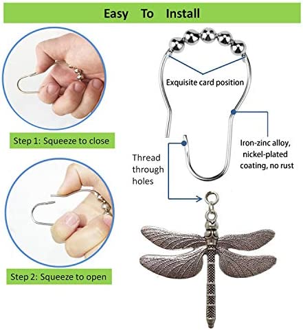 Aimoye Dragonfly Bathroom Shower Curtain Hooks - Rust Proof Brushed Nickel Rings with Dragonfly Pendant Accessories Set Decorate Bath Room with Natural, Forest, Garden, Country Theme, 12PCS