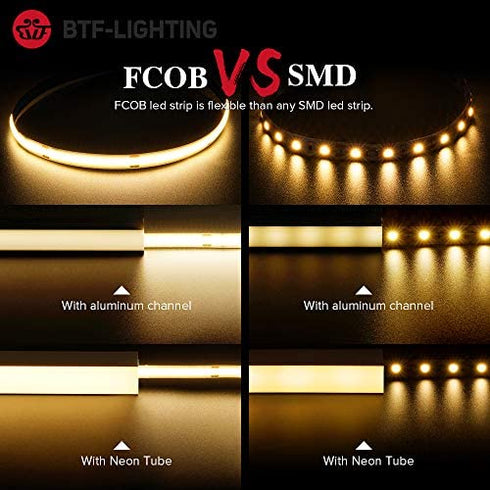 BTF-LIGHTING FCOB COB Flexible High Density Uniform Light LED Strip 10W/m 16.4FT DC24V Warm White 3000K CRI 90+ 8mm Width Dimmable LED Ribbon for Bedroom Kitchen Home Indoor Decoration