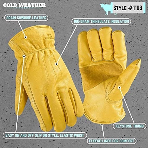Wells Lamont Men's Winter Work Gloves, | Puncture, Abrasion Resistant | 100-gram Thinsulate, Cowhide Leather, Fleece-Lined Leather | Extra Large (1108XL) , Saddletan