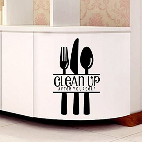 CUGBO Clean UP After Yourself Kitchen Wall Sticker, Fork Knife Spoon Wall Art Decor Mural for Kitchen Dining Room Restaurant Bar Decoration