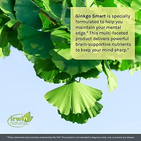 Irwin Naturals Ginkgo Smart Powerful Nootropic Brain Booster - Supports Maximum Memory, Focus & Mental Clarity with DMAE, Clubmoss, Choline & Acetyl L-Carnitine - 60 Liquid Softgels