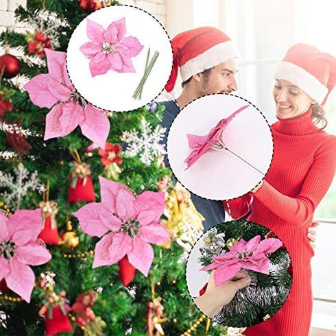 Festivous Wishel Pack of 12 Glitter Artificial Wedding Christmas Flowers Glitter Poinsettia Christmas Tree Ornaments (Pink)