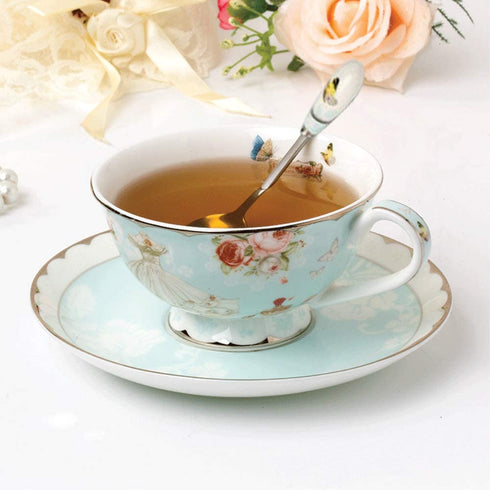 Fine Bone China Tea Cups and Saucers, Pastel Blue Floral Design Coffee Mug Tea Cups Set with Gift Box for Women Mom, 7 Ounces
