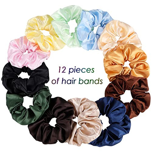 12 Pcs Hair Scrunchies Stain Hair Scrunchies Silk Scrunchies Elastic Hair Ties Ropes Scrunchie for Women or Girls Hair Accessories for Christmas New Year
