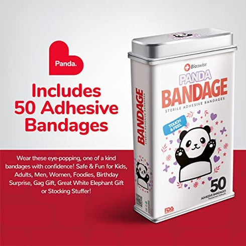 BioSwiss Kids Bandages | 50pcs Sterile Unique Shaped Bandages Colorful Funny Cute Toddler Girls & Boys, Adults First Aid, Protect Scrapes and Cuts | Wellness for Everyone | Reusable Tin (Panda)