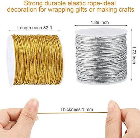 2 Rolls Metallic Elastic Cords Stretch Cord Ribbon Metallic Tinsel Cord Rope for Craft Making Gift Wrapping, 1 mm 55 Yards (Gold and Silver)