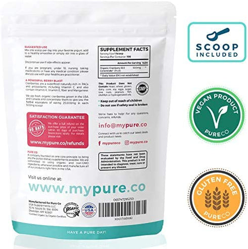 USDA Organic Cranberry Concentrate (50:1) Powder - 500mg is Equivalent to 25,000mg of Fresh Cranberries - for Kidney Cleanse & UTI Support Vitamins - Women - Supplement - 100 Servings - No Pills