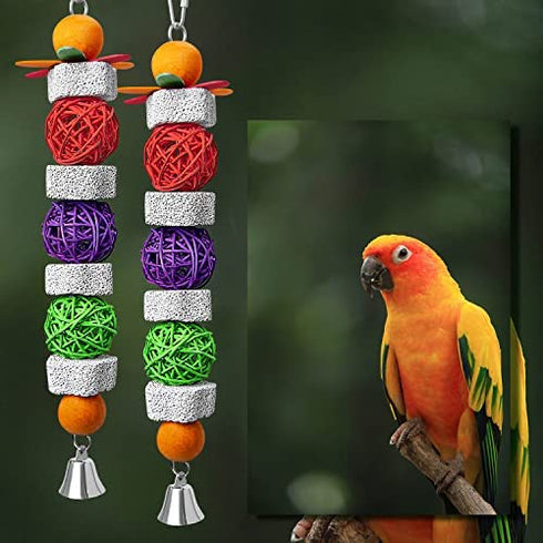 GATMAHE Bird Chewing Toy?Bird Beak and Nail Grinding Stone with Bell, Lava Rock (Pumice Stone) for African Greys Amazon Conure Budgies Parakeet Cockatiel, 2 Pack