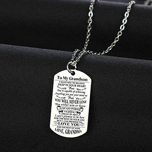 YEEQIN Grandson Necklace Love Grandson Dog Tag Believe Inspirational Gifts from Grandma Grandmother to Grandson Birthday Graduation Gifts