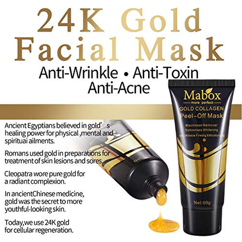 Mabox 24K Gold Facial Mask with Anti Aging and Wrinkle Formula Collagen Peel-Off Mask Brightens & Firms skin while helping remove and prevent blackheads and discoloration