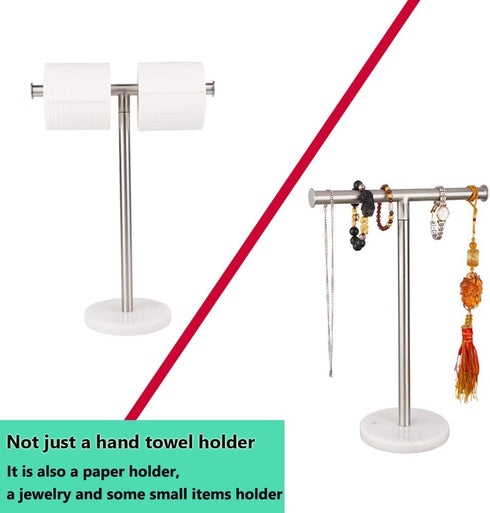 Hand Towel Holder with Heavy Marble Base, T-Shape Towel Rack, Modern Tree Rack Free Standing for Bathroom Vanity Countertop, 304 Stainless Steel, Brushed Finished (Silver)