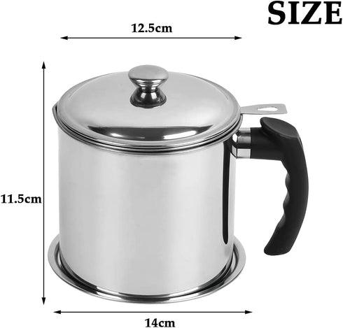 OFNMY Bacon Grease Container with Fine Mesh Strainer - 1.3L/5.2 Cups Stainless Steel Oil Storage Pot Grease Can with Removable Dustproof Lid and Coaster Tray - Oil Pot for Storing Fat, Frying Oil