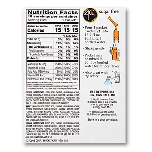 4C Energy Rush Stix, Variety 1 Pack, 18 Count, Single Serve Water Flavoring Packets, Sugar Free with Taurine, On the Go Bundle
