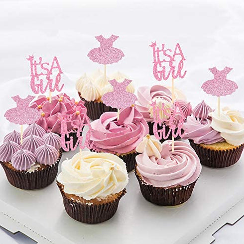 Ercadio 24 Pack It's a Girl Cupcake Toppers Pink Glitter Dress Cupcake Picks Baby Shower Gender Reveal Girls Birthday Party Cake Decorations Supplies