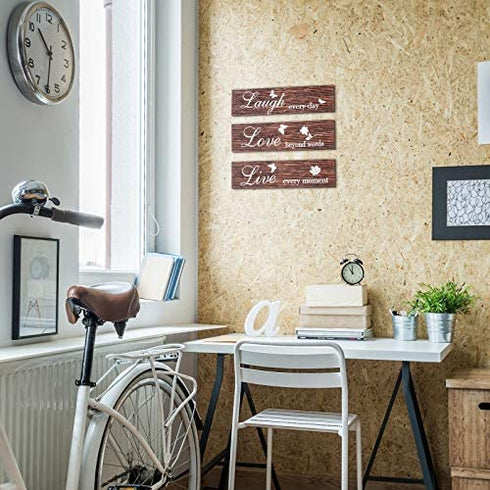3 Pieces Rustic Wood Sign Wall Decor Live Love and Laugh Quote Sign Farmhouse Wall Mount Decoration for Home Office Wedding Kitchen and Living Room, 12 x 3 x 0.2 Inch (Brown)