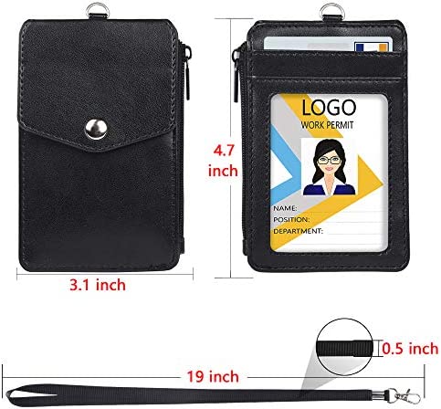 Teskyer Leather Badge Holder with Zipper Pocket,1 Clear ID Window and 3 Card Slots with Secure Cover, Premium Leather ID Holder with Nylon Lanyard for Office School ID, Credit Cards, Driver Licence
