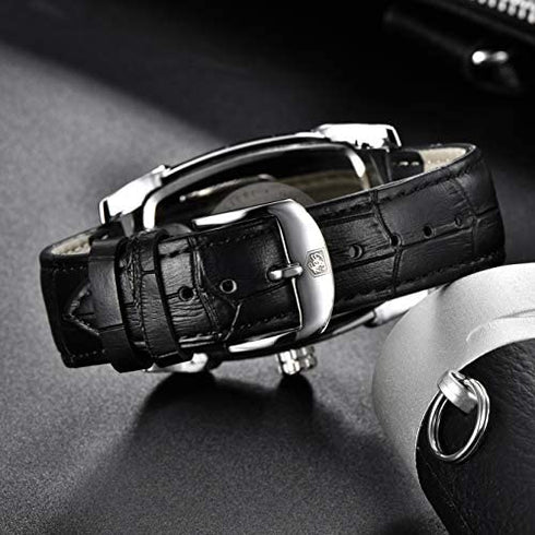 BENYAR Watch for Men Date Week Moon Phases Square 3ATM Waterproof Black Brown Blue Leather Strap Fashion Casual Classic Retro Rectangle Men's Wrist Watches Perfect Gifts for Friend