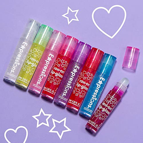 EXPRESSIONS 8 Pc Roll On Glitter Lip Gloss Set, Fruity Flavored Lip Makeup for Kids and Teens, Clear Lip Gloss Non Toxic, Kid Friendly, Great for Gifts, Party Favors and Basket Stuffers