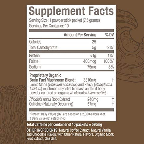 Om Mushroom Superfood Brain Fuel Plus Mushroom Powder Drink Mix, Mocha Flavor, Single Serve, 10 Count, Lions Mane & Rhodiola, Memory & Focus Support Supplement