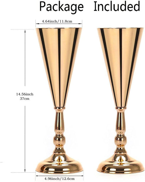 Set of 2 Tabletop Metal Wedding Flower Trumpet Vase Wedding Centerpiece Flower Vase for Wedding Event Decoration Living Decor Party Decor (Gold, 2—M)