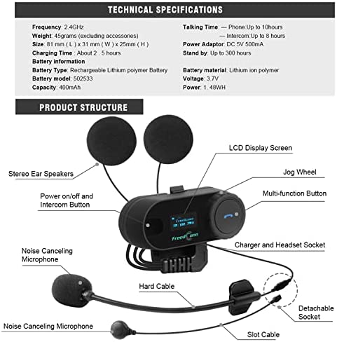 FreedConn Motorcycle Helmet Bluetooth Intercom Kit, TCOM-SC Motorbike Helmet Intercom Interphone Headset, for 2 or 3 Riders, LCD Screen/FM Radio/Mobile phone/MP3/GPS Connective/Range 800m(1 Pack)