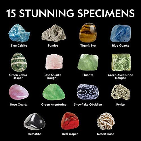 NATIONAL GEOGRAPHIC Rocks and Minerals Education Set – 15-Piece Rock Collection Starter Kit with Tiger’s Eye, Rose Quartz, Red Jasper, and More, Display Case and Identification Guide