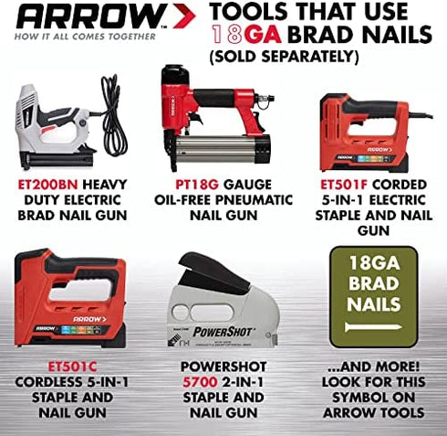 Arrow BN1810CS 18-Gauge Steel Brad Nails for Molding, Cabinets, Framing, Trim, and Finishing, Safe to Use with Electric or Battery Powered Nailers, Steel, 5/8 Inch, 1000 Pack