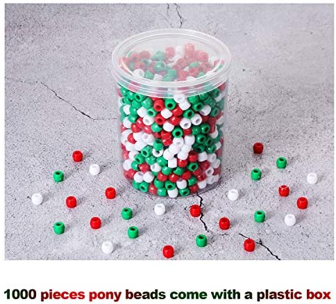 1000 Pieces Plastic Pony Beads Assorted Opaque Pony Beads Christmas Round Beads with Storage Box for Home Decor Craft (Red Green White)