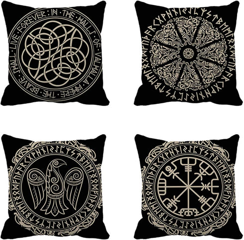 rouihot Set of 4 Throw Pillow Covers Nordic Ancient Scandinavian Shield Viking Magical and Runes White Black Emblem 18x18 Inch Home Decor Pillowcases Square Pillow Cases Cushion Covers for Sofa
