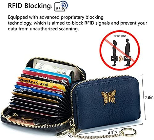 imeetu RFID Credit Card Holder for Women Small Leather Zipper Card Case Wallet with Removable Keychain (Blue)