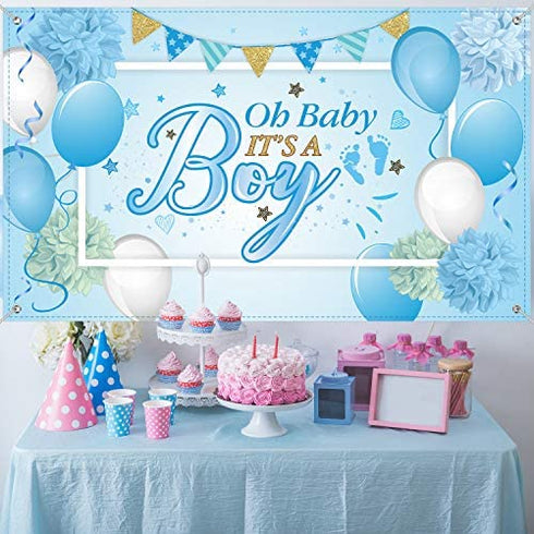 Blulu Baby Shower Party Backdrop Decorations, Large Durable Fabric Made Baby Shower Banner Backdrop Photo Booth Background for Boy's or Girl's Baby Shower Party Supplies (Boy Style)