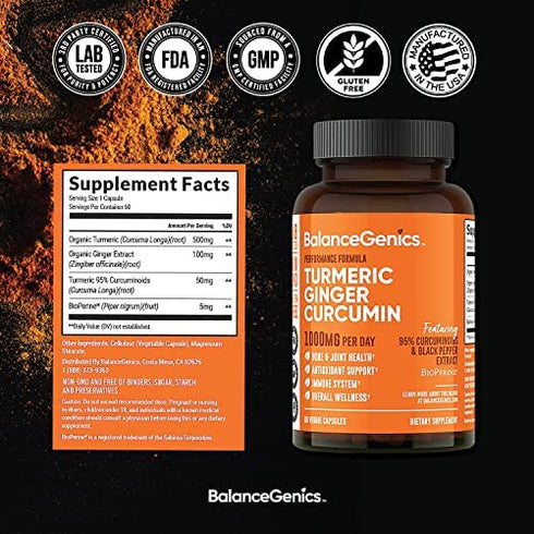 BalanceGenics Turmeric Curcumin Supplement with Black Pepper & Ginger Root 1000mg | Max Strength 95% Curcuminoids Curcuma | Joint Support & Healthy Inflammatory Response | 60 Capsules Powder Filled