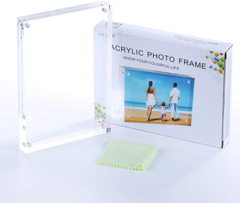 Acrylic Photo Frame 5x7 inches, Free Standing Desktop Double Sided Magnetic Picture Display, 10 + 10MM Thickness Clear Magnet Photo Frame with Microfiber Cloth, Gift Box Package