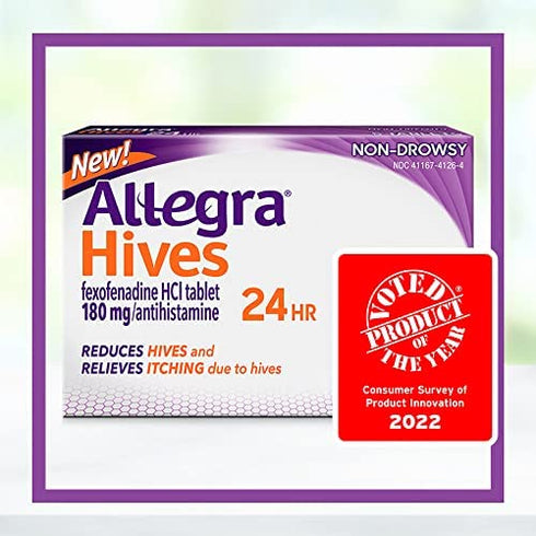 Allegra Hives Non-Drowsy Antihistamine Tablets, 30-Count, 24HR Hives Reduction & Itch Relief, 180mg